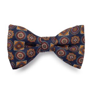 Elegancka mucha jedwabna wiązana granatowa w żółte rozety Hemley