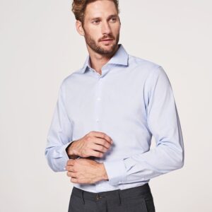 Elegancka błekitna koszula męska taliowana, SLIM FIT o splocie typu Panama 37