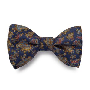 Elegancka mucha wiązana granatowa w niebieski i żółty paisley