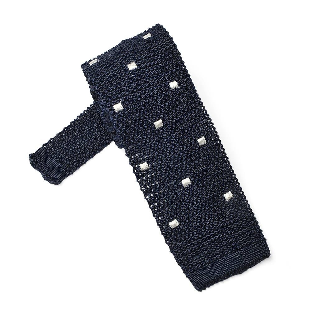 Granatowy krawat knit w białe kwadraty