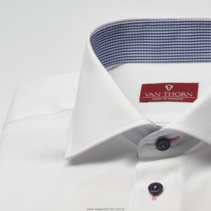 Elegancka biała koszula NORMAL FIT z granatowymi guziczkami i wstawkami w kratkę 36