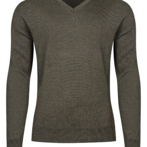 Oliwkowy sweter męski z wełny merino w serek  XXXL