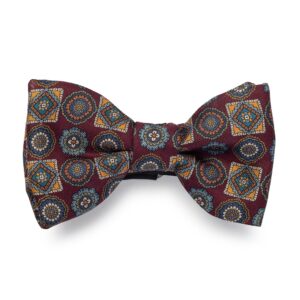 Elegancka mucha wiązana bordowa w niebieskie i żółte rozety Hemley
