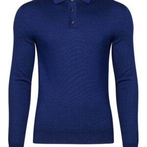 Niebieskie męskie polo z długim rękawem z wełny merino 4XL